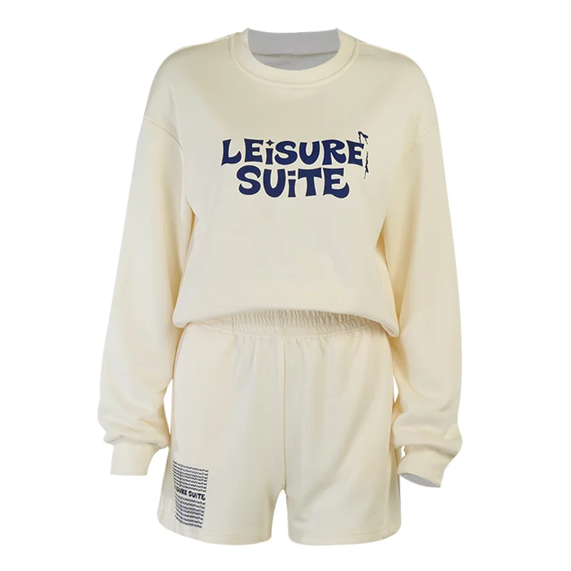 

Beyouare Autumn Women Cotton Loose Letter Print Sport Two Piece Shorts Suit O-Neck Long Sleeve Elastic Waist Shorts Casual Suit