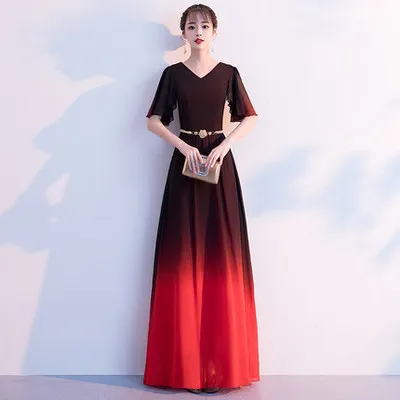 

Office Lady Elegant V-Neck Formal Party Dress Black-Red Gradient Long A-Line Dresses Exquisite Flare Sleeve Banquet Gown
