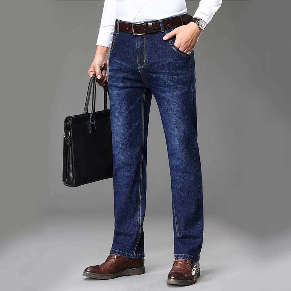 Spring Autumn Daily Men Smart Casual Straight Jeans Elastic Soft Business Stretch Denim Pants Blue Black Pantalon Homme Trousers