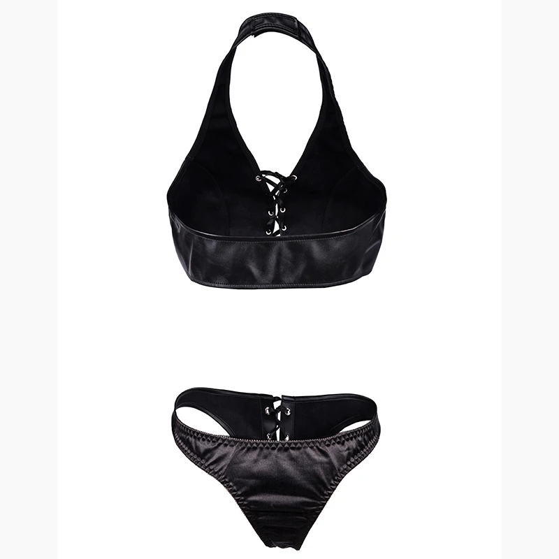 Черный бюстье из искусственной кожи с лямкой через шею и завязкой спереди