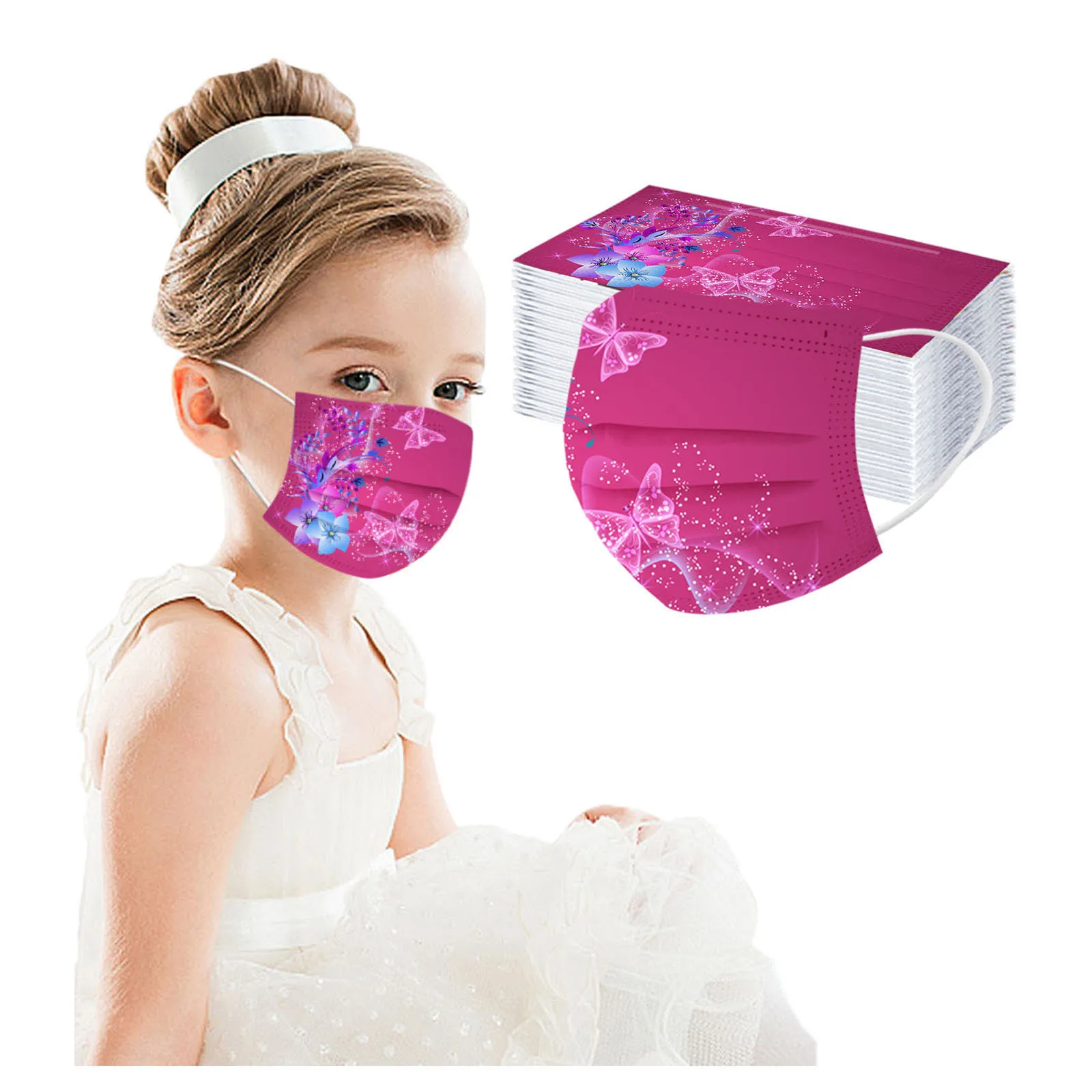 

50Pcs Kids Children Mouth Mask Butterfly Print Mascarillas Safety Protective Disposable Face Mask 3-Layer Earloop Masque Masks