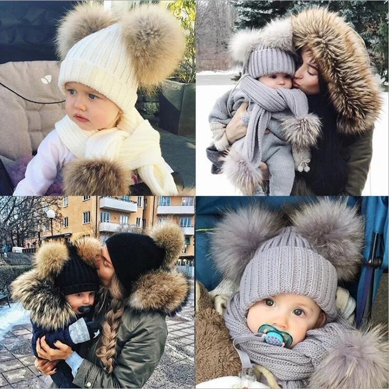 Шапка с меховым помпоном зимняя шапка для мам малышей детей дочери сына вязаные