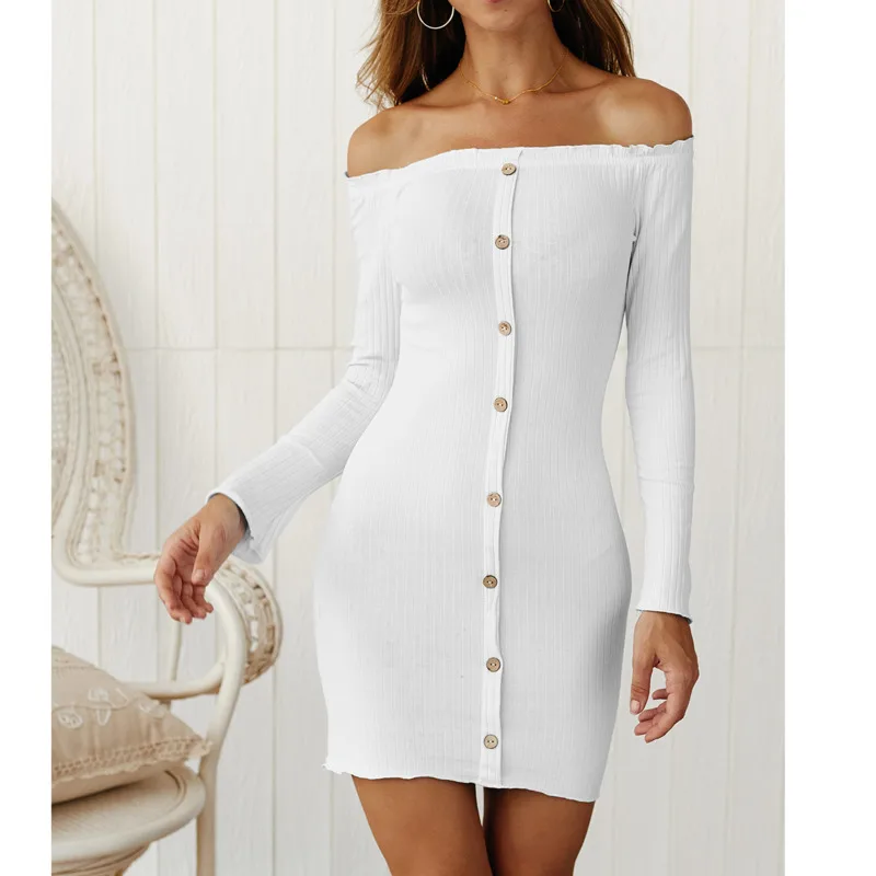 

Autumn New Fashion Button Dresses 2021 Long Sleeve Off Shoulder Slash Neck Bodycon Casual Slim Party Dress Vestidos Mujer De