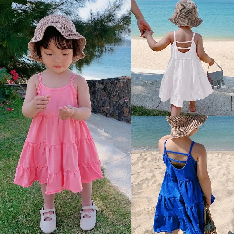 

VIDMID Girls dress summer suspender vest dress new cotton solid color baby cake dress P5994