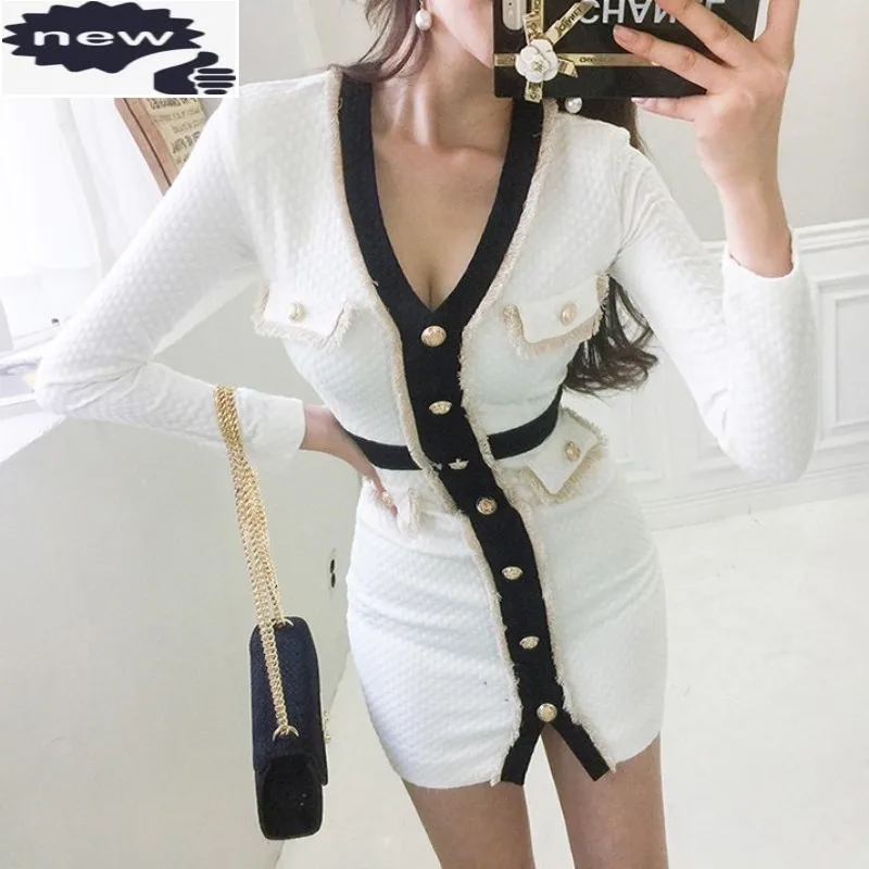 

Женское мини-платье с запахом, пикантное облегающее офисное платье с длинным рукавом и V-образным вырезом, с кисточками и пуговицами, обтягивающее платье-карандаш для вечерние