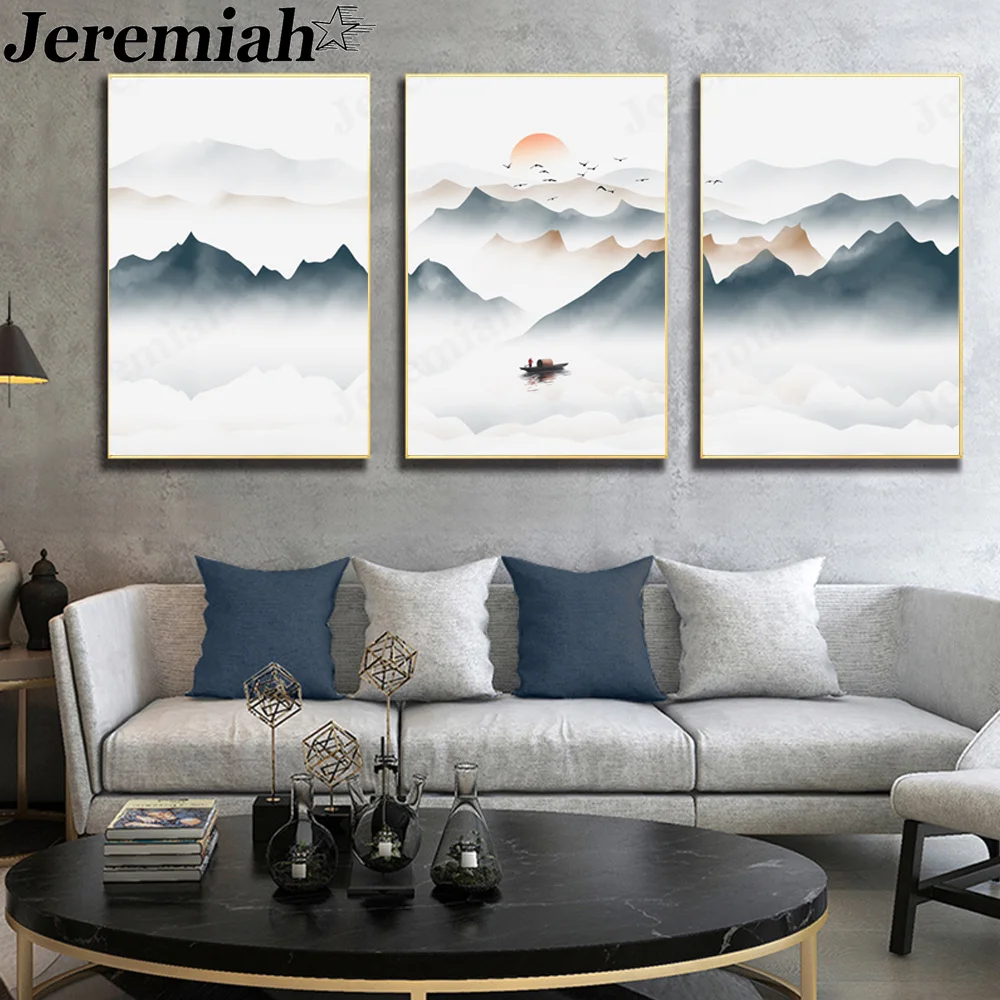 

Abstract Landscape Canvas Poster Simple Sunrise Mountain Cloud Sea Painting Wall Art Nordic Room Home Decoration