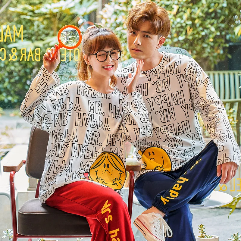 

Платье с длинным рукавом на весну-осень с длинными рукавами размера плюс свободная хлопковая Свежий костюм для отдыха с рисунком для мужчин или женщин пижамный комплект