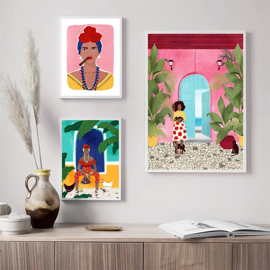 

Tropical Moroccan Girl Plant Pool Abstract Boho Wall Art Canvas Painting Posters And Prints Wall Pictures For Living Room Decor