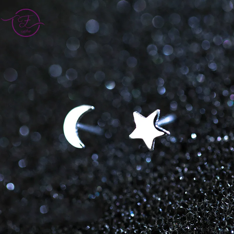 

Sterling Silver 925 Earrings Asymmetric Stars Moon Sweet Stud Earrings Female Korean Lovely Ear Jewelry for Women Gift