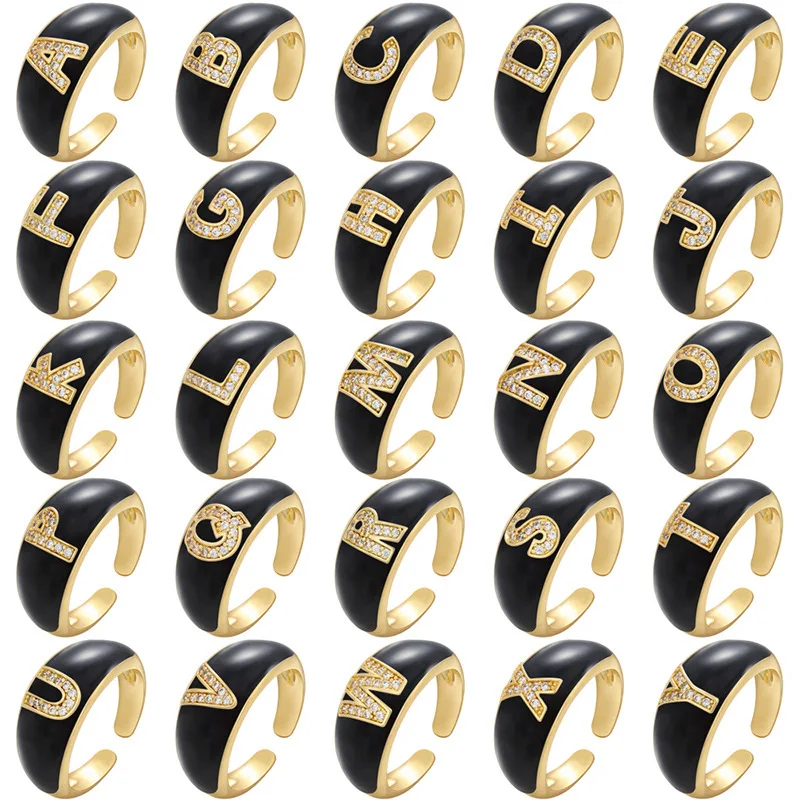 

Women's Chunky A-Z Letter Rings Black Pink Blue White Metal Adjustable Opening Ring Initials Name Alphabet Ring Female Jewelry