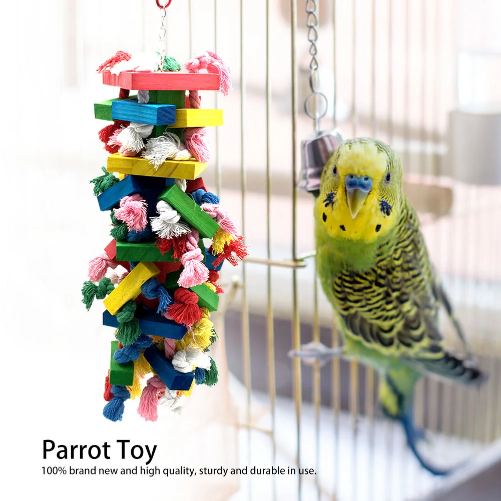 

New Pet Toy Stand Parakeet Cage Wooden Tearing Colorful Cotton Rope Block Knots Pet Bird Parrot Cage Chewing Toy