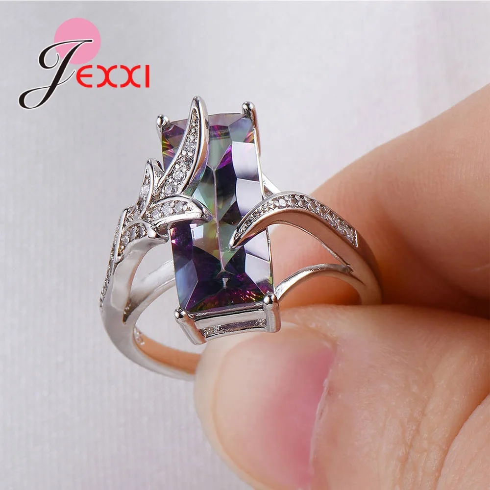 

Korean Style Design Elegant Leave Shape 925 Sterling Silver Rings With Bright Colorful Crystal Super Nice Women Fashion Jewelry