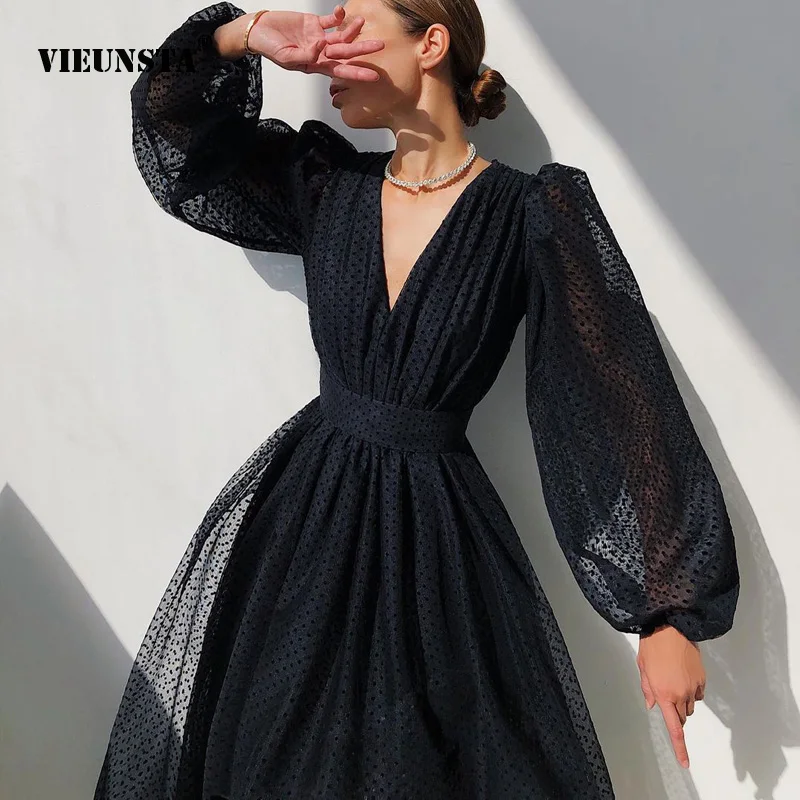 

2021 Sexy Women Polka Dot Puff Long Sleeve Dress Fashion Loose A-Line Party Dress Spring Elegant Deep V-Neck Long Dress Vestidos
