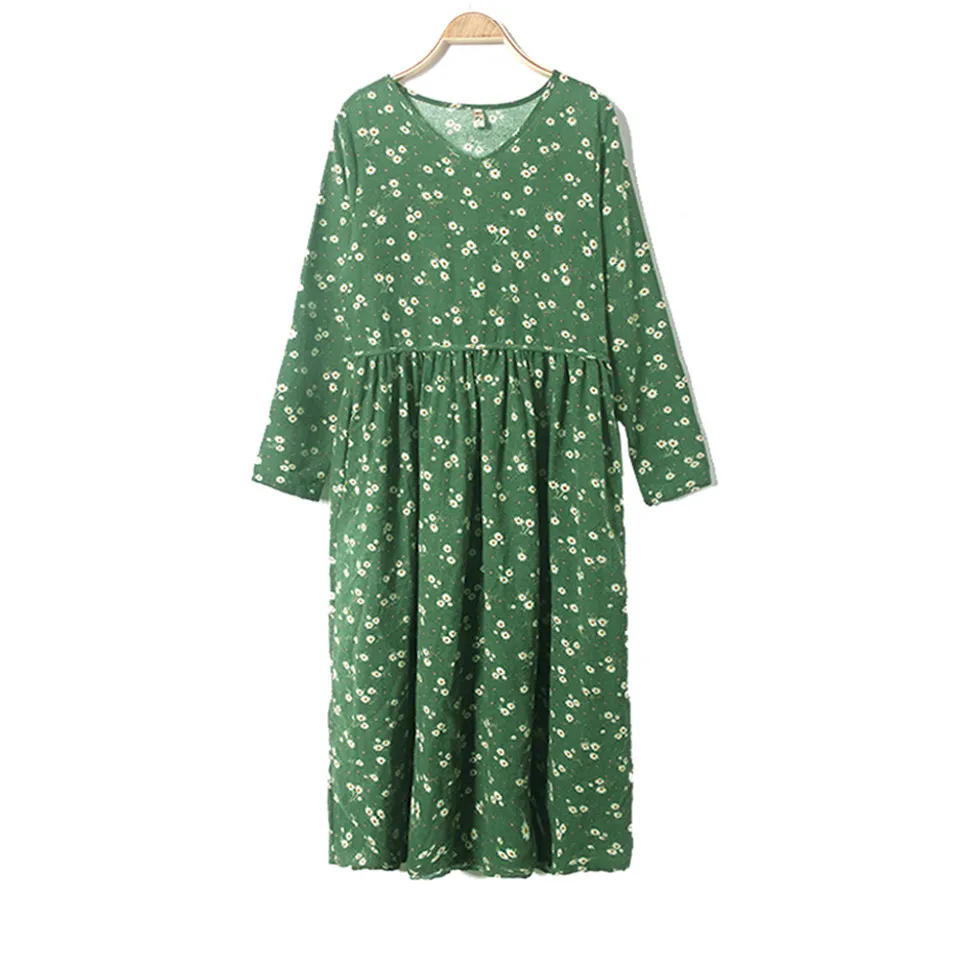 

Spring Printed Cotton and Linen Dress Women Elegant Floral Loose Long Dress Retro Holiday Party Dress Female Vestidos