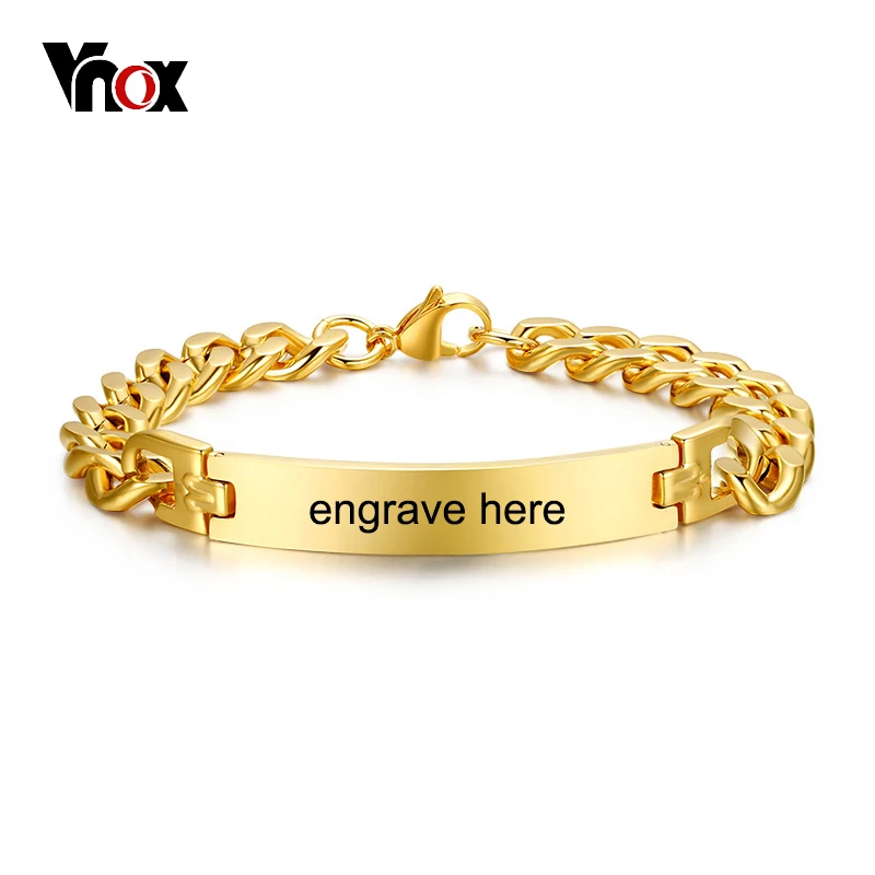 

Vnox Stainless Steel Mens ID Bracelets Bangle Gold Color Curb Link Chain Spring Closure Customize Name Date Info Male Boy Bijoux