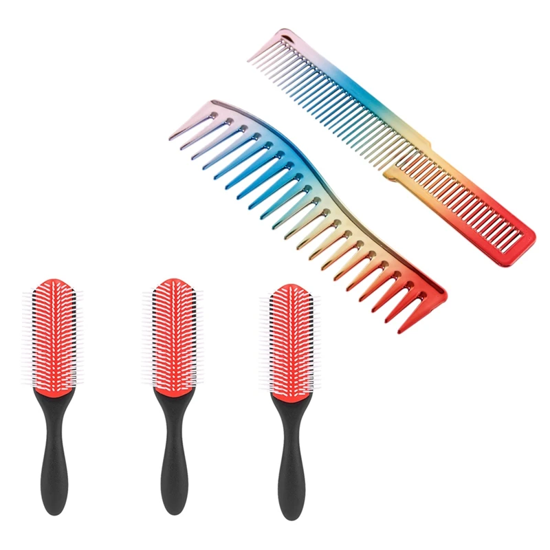

3PCS Hair Brush Scalp Massage Handle Hair Brush Anti-Static Comb With 2PCS Rainbow Comb Electroplating Hairdressing Comb