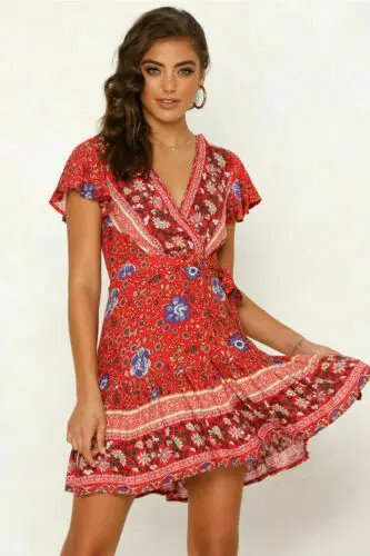 

Drop shipping Women Vintage Short Sleeve Print Dress V neck Short Sleeve Boho Floral Mini Dresses Female Summer Holiday Sundress