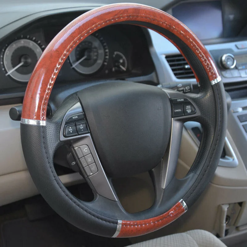 Wood Grain Steering Wheel Cover Car Tuning SUV Luxury Grip Black Leather Universal PU Leather Interior Parts Car Accessories