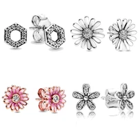 hot spring pink daisy flower square sparkle honeycomb hexagon earring 925 sterling silver earring studs for women gift jewelry