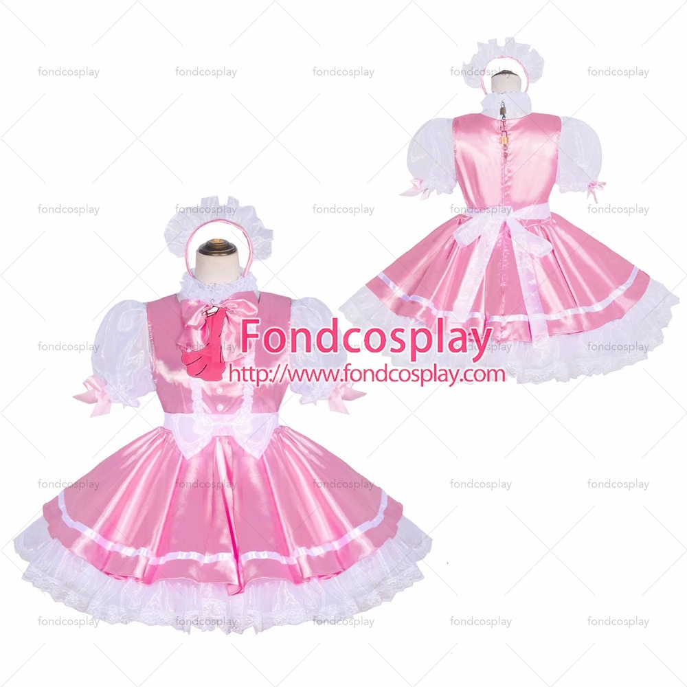 

fondcosplay adult sexy cross dressing sissy maid short French Lockable pink satin white Organza 2 Dress Tailor-made[G4048]