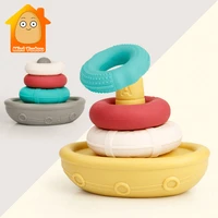baby bath toy silicone stacking floating boat play water throw up circle game soft rubber teether for infant 13 24 months gift