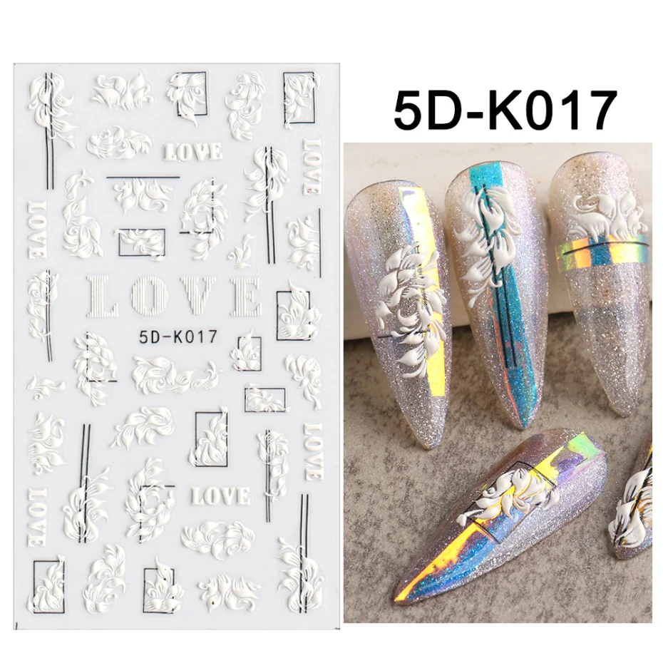 

White Floral Butterfly Acrylic Engraved Nail Sticker Embossed Daisy Self Adhesive Slider Decal DIY Manicure Decor Foil LA5D-K-1