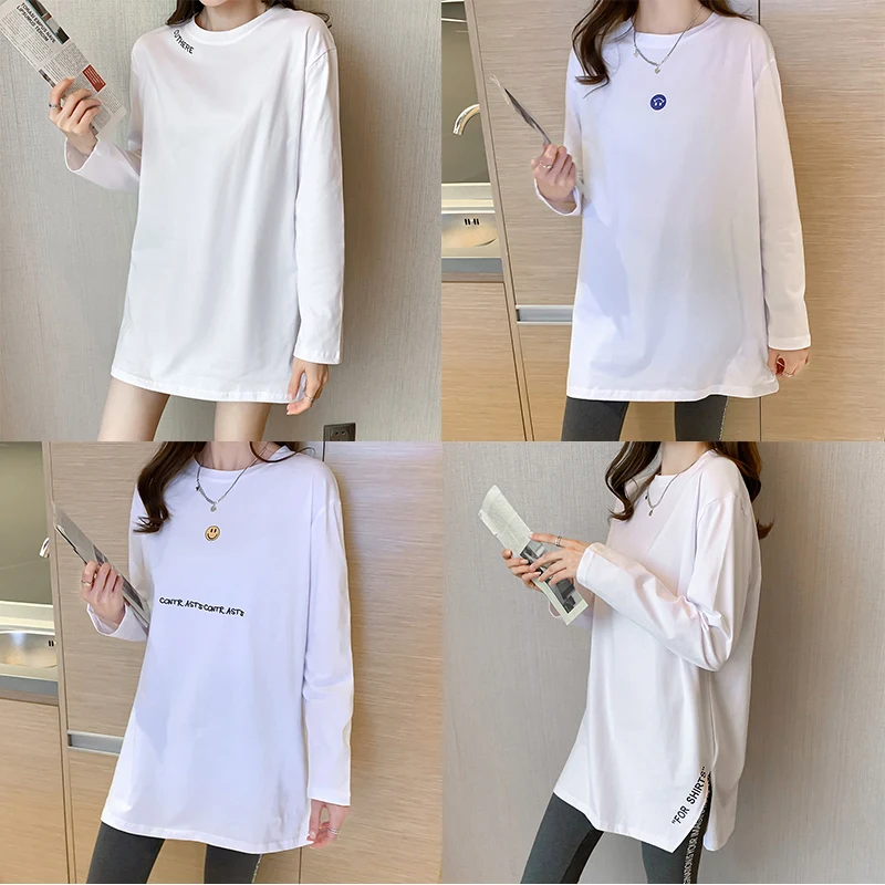 

16 Styles Print Smile Harajuku Shirt Women Cotton 100% Elastic Long Sleeve T Shirts Women 2021 Spring Autumn Tee Shirt Femme