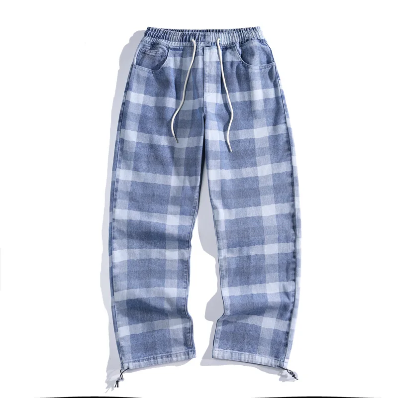 

Ins Fashion Men's Plaid Jeans Loose Fit Wide Leg Pants Youth Drawstring Elastic Waist Hip Hop Trousers