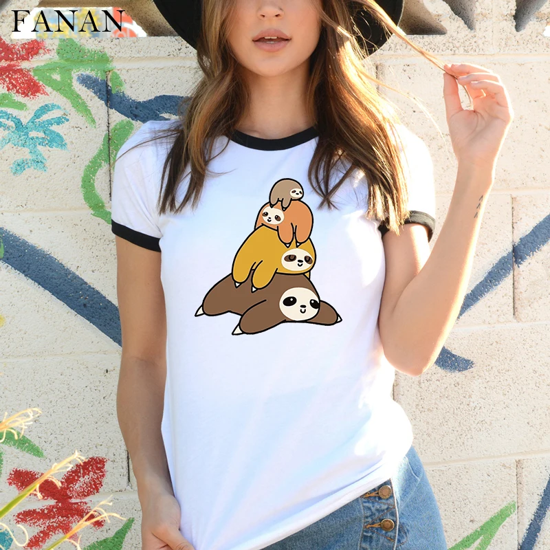 

2020 New Sloth Print Women T-shirt Round Neck Short Sleeve Summer Tumblr Cartoon Funny Tshirt Harajuku Tee T shirt Clothing Tops