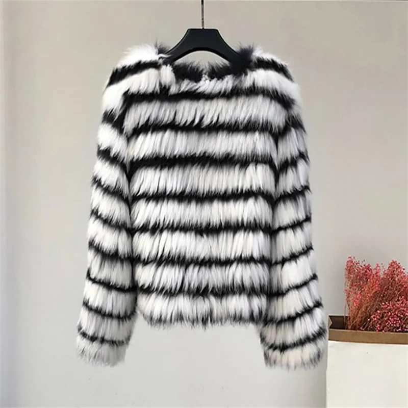 New ladies fur coat womens stripe imitation fox fur cropped top jacket casual top large thin autumn winter плюшевая куртка