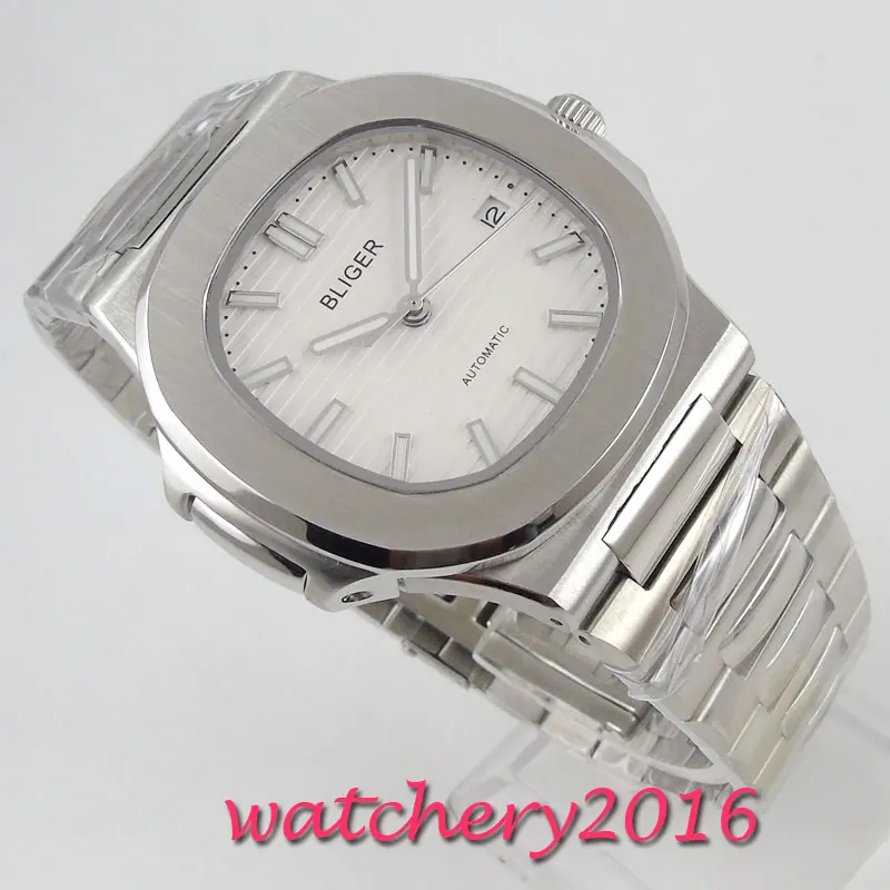 

40mm Bliger white Dial Sapphire Glass Square Date Steel Case Automatic Movement mens Watch