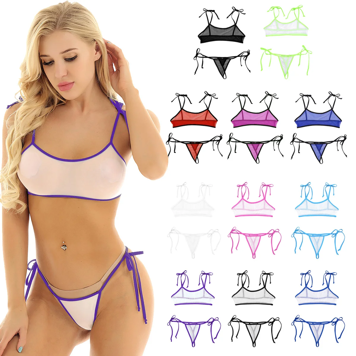 Пикантный мини комплект бикини женский купальный костюм прозрачный купальник