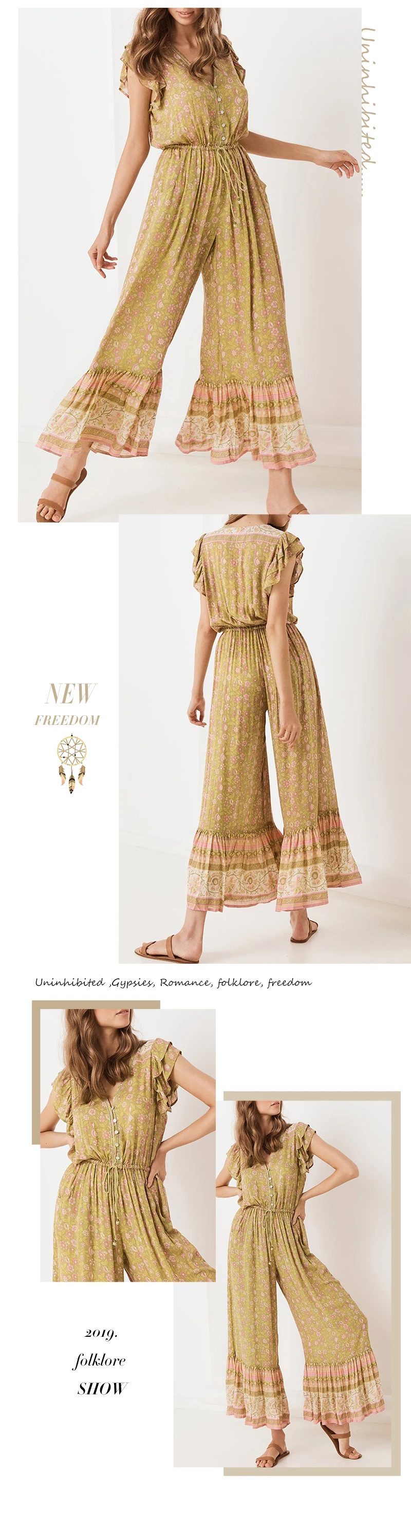 Комбинезоны Everkaki Boho с оборками, женские комбинезоны с поясом, регулируемые женские винтажные комбинезоны, женские комбинезоны, Новинка осени