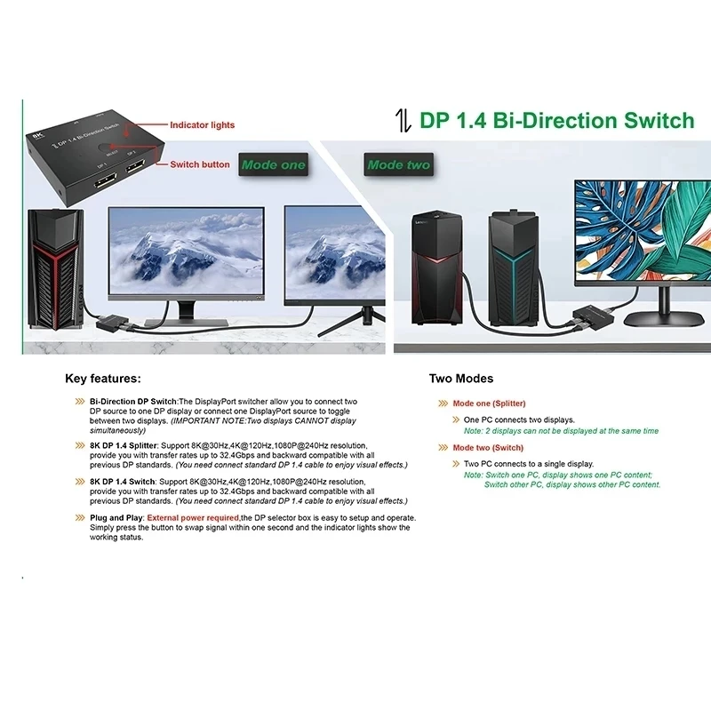 DisplayPort 1 4 двунаправленный переключатель сплиттер 1X2 или 2x1 DP KVM 8K @ 30 Гц K 144 для