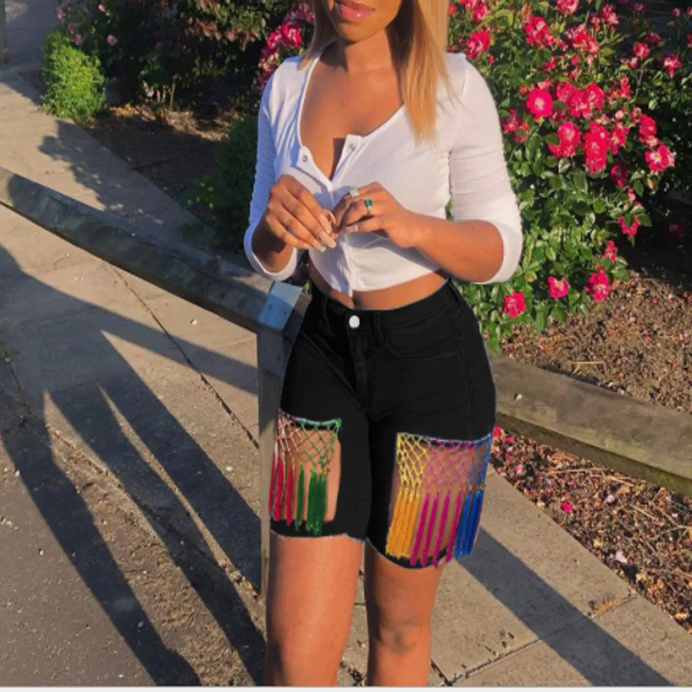 

Plus Size Tassels Casual High Waist Denim Shorts Women Fashion Blue High Waist Streetwear Club Party Short Jeans Biker Shorts