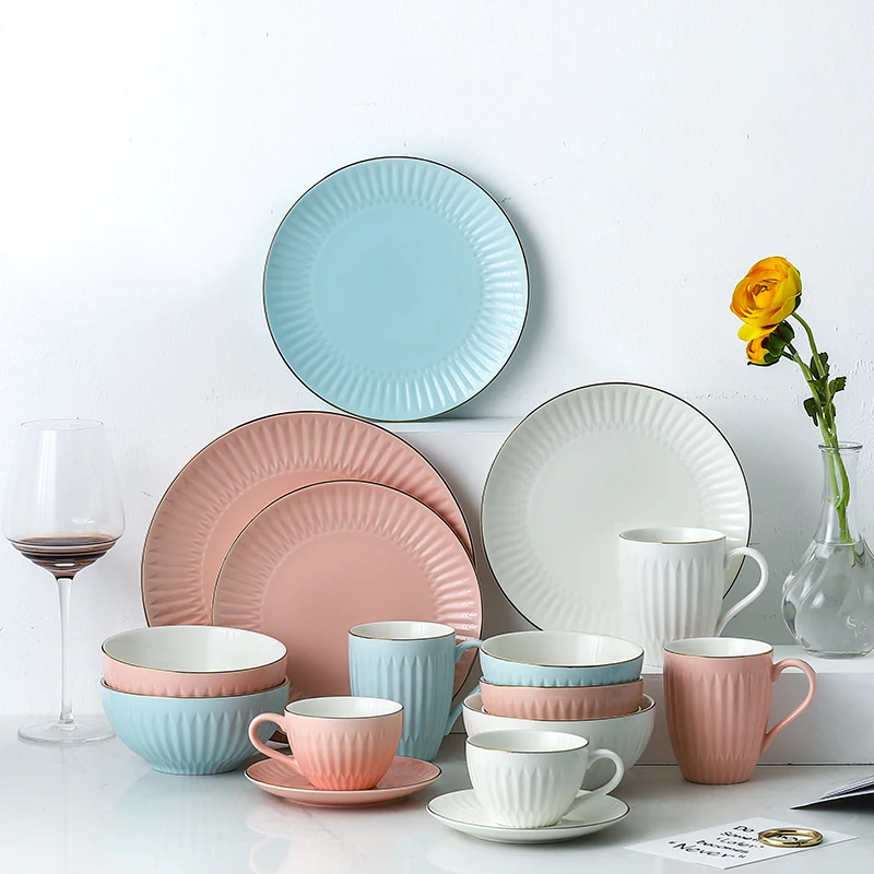 

Elegant Emboss Gold Rim Ceramic Dinner Plate Bowl Cup Rice Salad Fruit Noodle Bowl Soup Steak Plate Coffee Cup Tableware Set