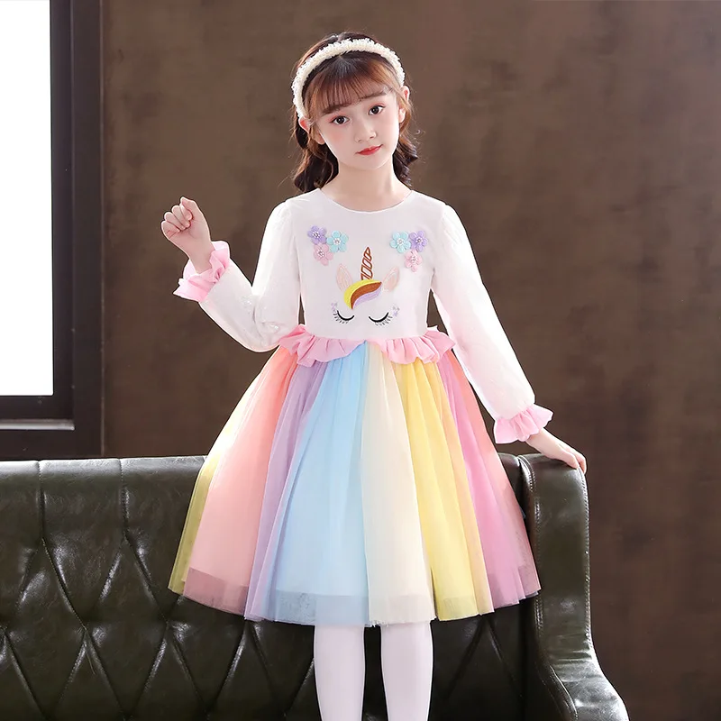 

Girls Casual Dress 2022 Spring New Rainbow Mesh Long-Sleeve Little Girl Long Princess Dresses For Kids Unicorn Party Dress 4-12Y