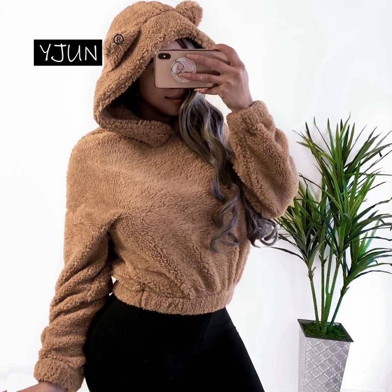 Толстовка с капюшоном ушами укороченный топ женские пуловеры длинным рукавом