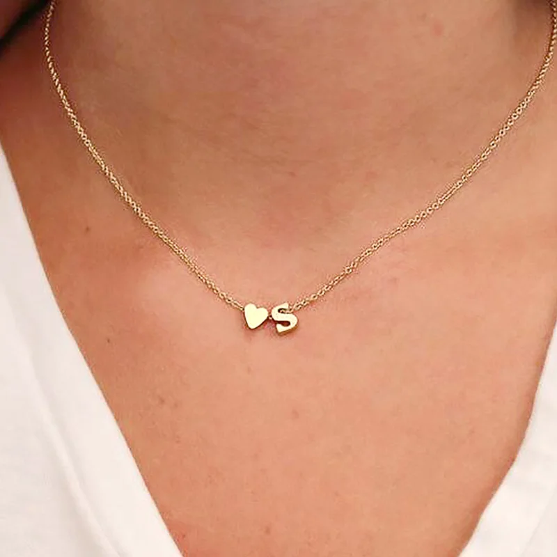 

New Fashion Tiny Heart Dainty Initial Necklace Gold Silver Color Letter Name Choker Necklace For Women Pendant Jewelry Gift