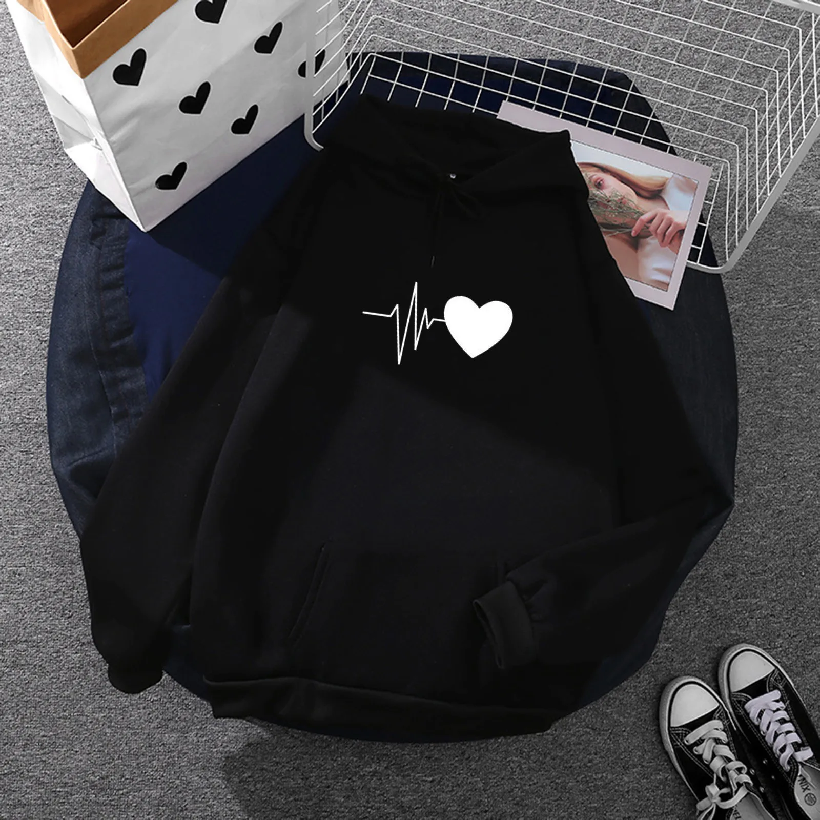 Women Casual Heartbeat Printed Top Long Sleeve Loose Hooded Sweatshirt Top With Pocket Streetwear Women Oversized Hoodies