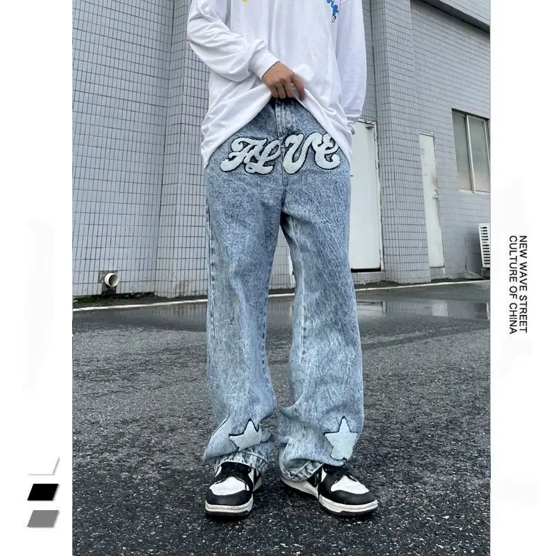 

Американские мешковатые джинсы, мужские лоскутные брюки с вышивкой, уличная одежда Vibe, свободные прямые ретро брюки в стиле хип-хоп, мужские...