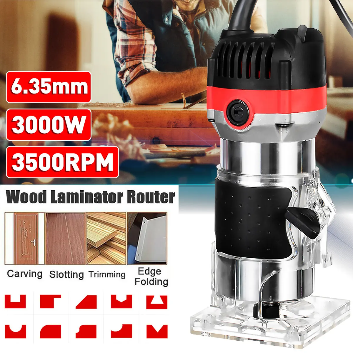 

Woodworking Electric Trimmer 35000RPM Wood Milling Engraving Slotting Trimming Machine Hand Carving Wood Router EU/US/AU Plug