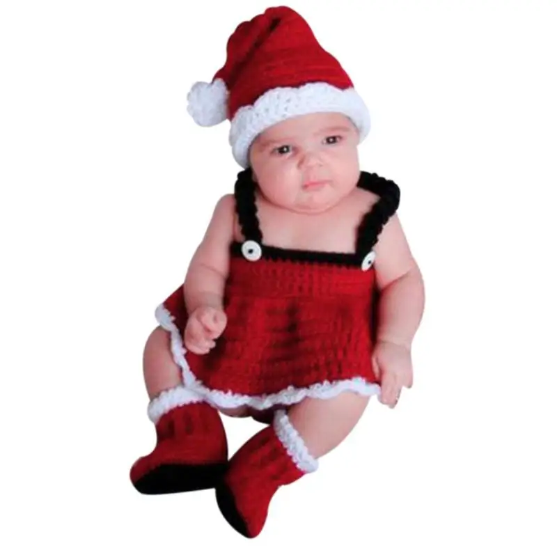 D 3pcs 0-6M girl Милая вязаная крючком Рождественская шапка для новорожденных; наряд Санта-Клауса для маленьких мальчиков и девочек; Прямая поставка - Цвет: D 3pcs 0-6M girl