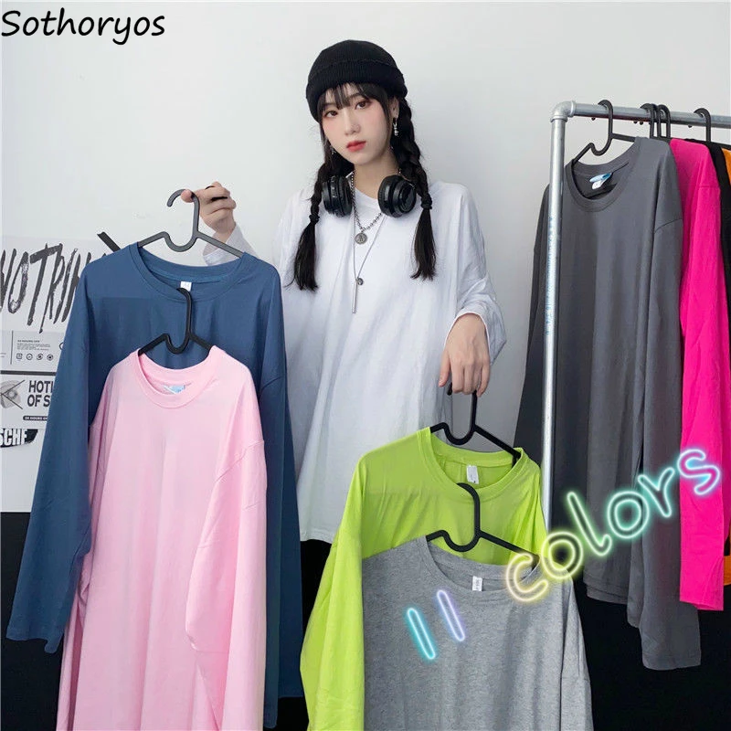 

Женские футболки с длинным рукавом, однотонные, яркие цвета, корейский стиль, свободные, подходят ко всему, топы для женщин, Осенние, для студ...