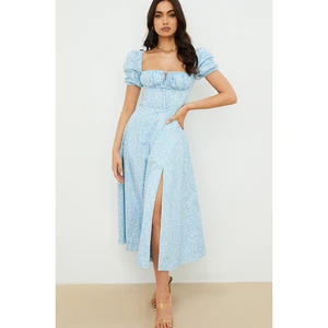 Dioflyusa Sky Blue Square Printing Puff Sleeve Split Fork Mid-length Evening Dress Woman Engagement Cocktail Party Ball Gown