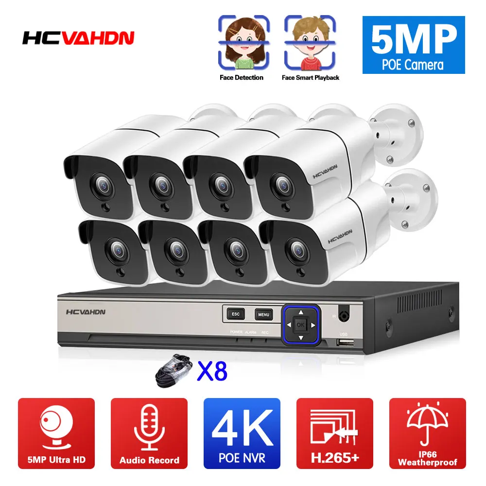 

Face Detection H.265 8CH 4K POE NVR 48V Audio CCTV System 5MP HD Outdoor IP Camera 5mp PoE Security Camera Kit Email Alert