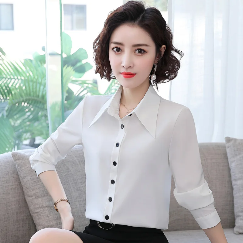 KRCVES Chiffon Shirt Female White Long Sleeve 2023 Spring Autumn New Style Versatile Vertical Sense Professional Pointed Collar
