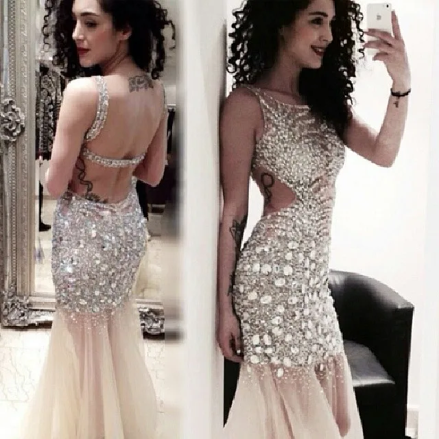 

Custom Made 2018 Crystal Sheer Long Open Back Prom party gown Sexy vestido de noiva para festa Longo bridesmaid dresses