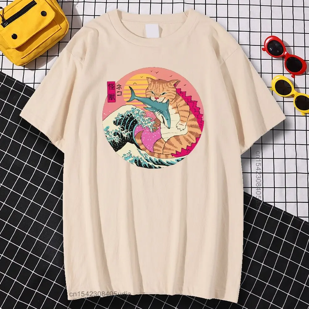 Japan Anime Great Wave Cat Print Tshirts Man Oversize Harajuku Graphic T Shirts New Loose Tshirt Cartoon Plus Top Men