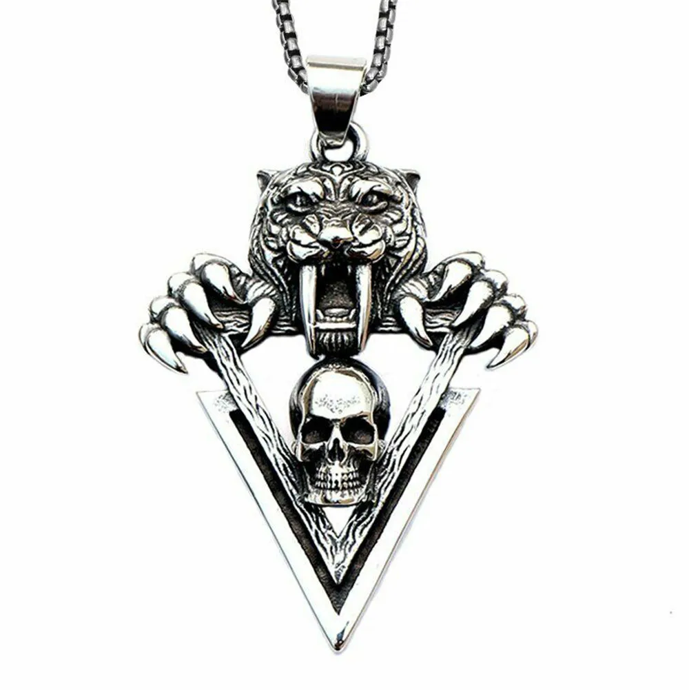 

Mens Biker Saber Tooth Tiger Skull Necklace Pendant Stainless Steel Beast